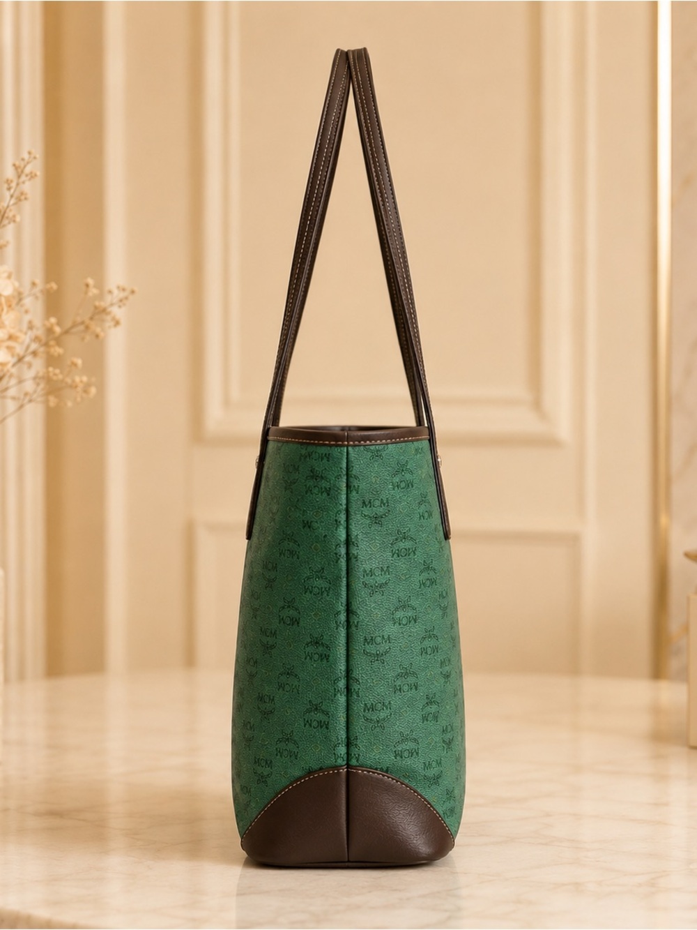 MCM Green Logo Canvas Tote with Brown Leather Handles - Picture 4 of 9